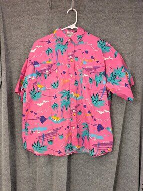 Vintage Collage Pink 1980's Hawaiian Camp Shirt Large